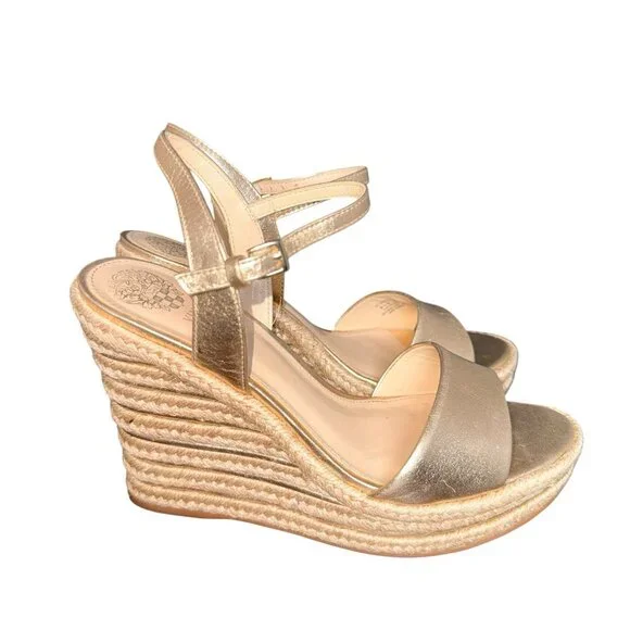 Vince Camuto Gold Espadrille Wedge Sandals Women’s 8.5M Stretch Strap Slip On - Picture 2 of 7
